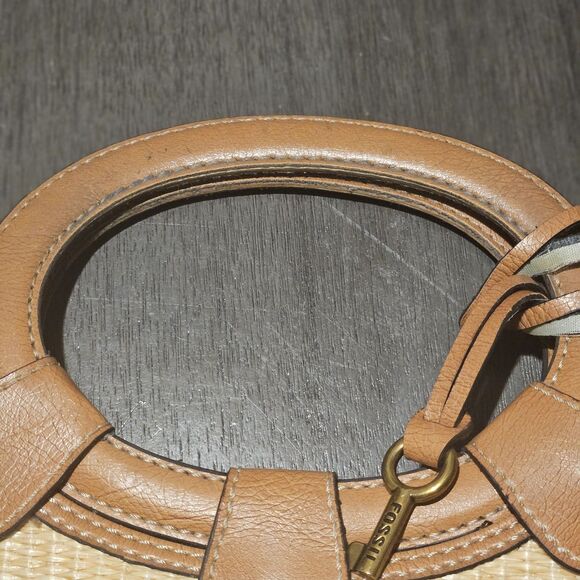 Vtg Fossil Purse Beige Straw Woven Bag Handbag Wooden Handle Boho Floral Beaded - Picture 8 of 13